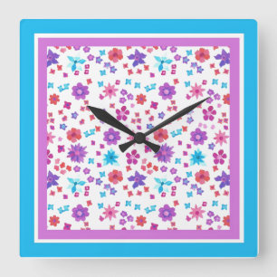 Pretty Hippy Flower-Power Floral Pattern on White Square Wall Clock