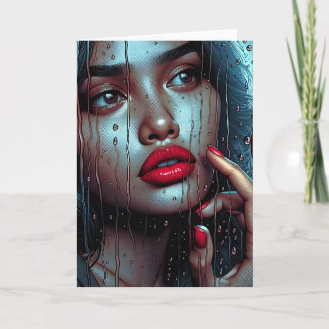 Pretty Hispanic Woman Watching it Rain Card (Front)