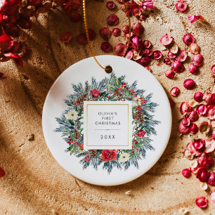 Pretty Holiday Wreath   Baby's First Christmas Ceramic Ornament
