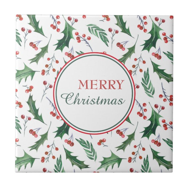 Pretty Holly Pattern Merry Christmas Ceramic Tile (Front)