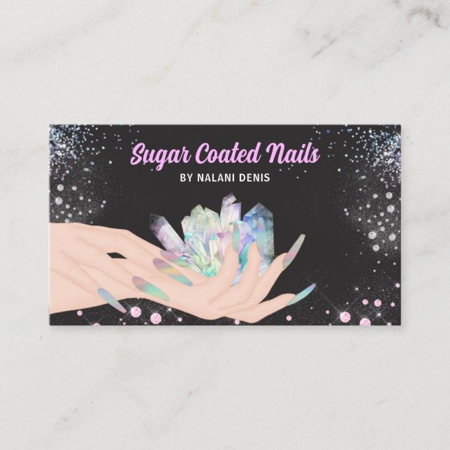 Pretty Holographic Crystal Glitter Nails Business  Business Card (Front)