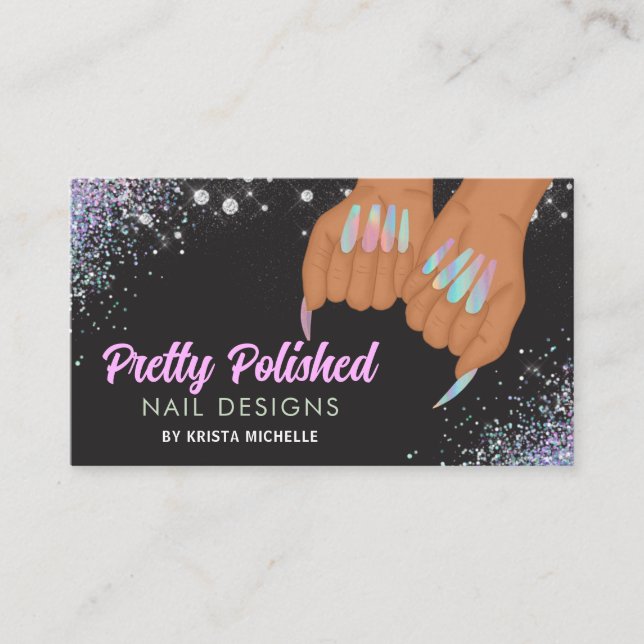 Pretty Holographic Diamond Glitter Nails Business Card (Front)