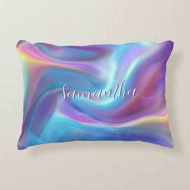 Pretty Holographic Iridescent Script Name Decorative Cushion (Front)