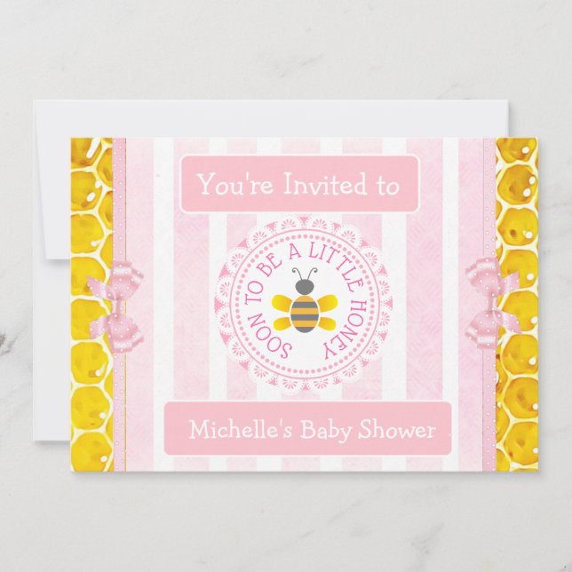 Pretty Honey Bee Pink Girl's Baby Shower Invites (Front)