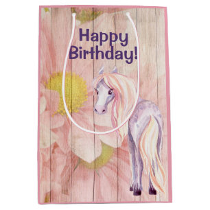 Pretty Horse and Daisies on Barn Wood Birthday Medium Gift Bag