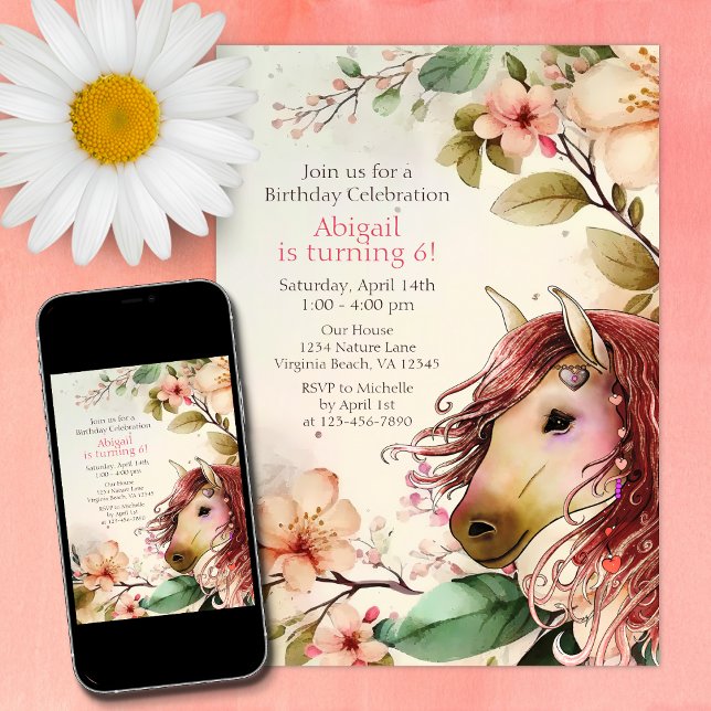 Pretty Horse and Flowers Birthday Invitation (Creator Uploaded)