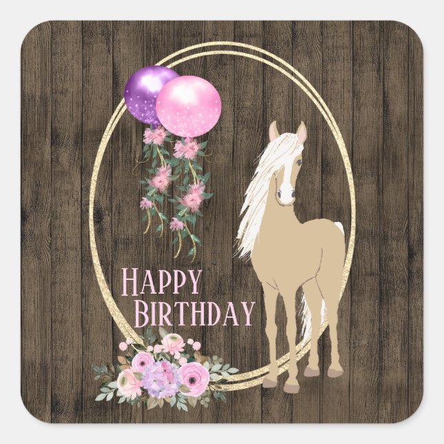 Pretty Horse and Flowers on Barnwood Birthday Square Sticker (Front)