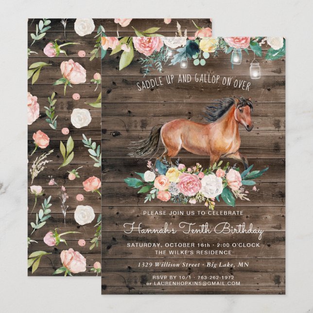 Pretty Horse and Flowers on Rustic Wood Birthday Invitation (Front/Back)