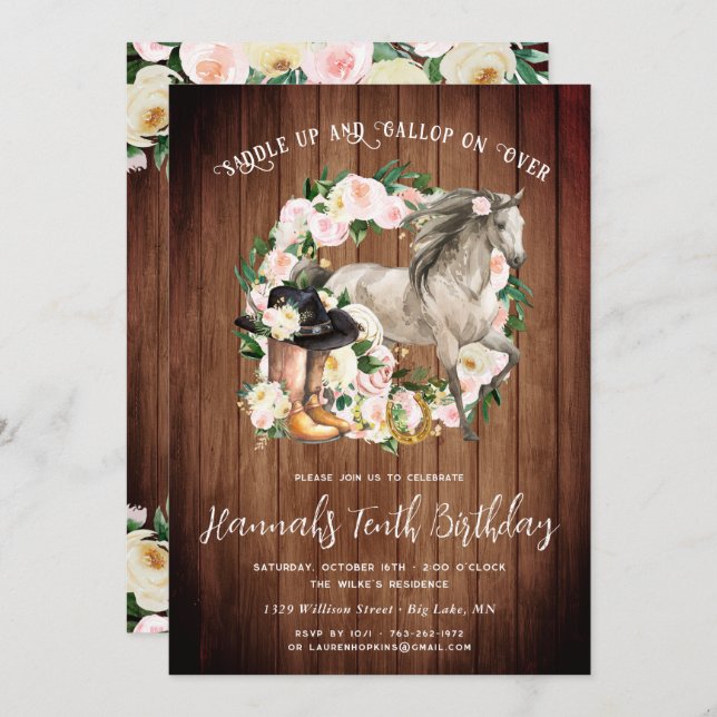 Pretty Horse and Flowers on Rustic Wood Birthday  Invitation (Front/Back)