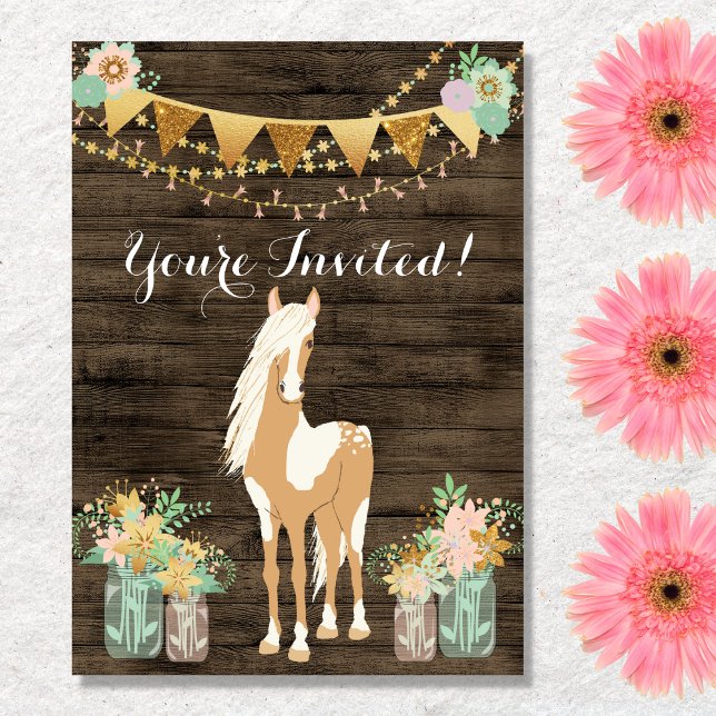 Pretty Horse and Flowers on Rustic Wood Birthday Invitation (Creator Uploaded)