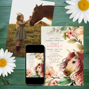 Pretty Horse and Flowers PHOTO Birthday Invitation