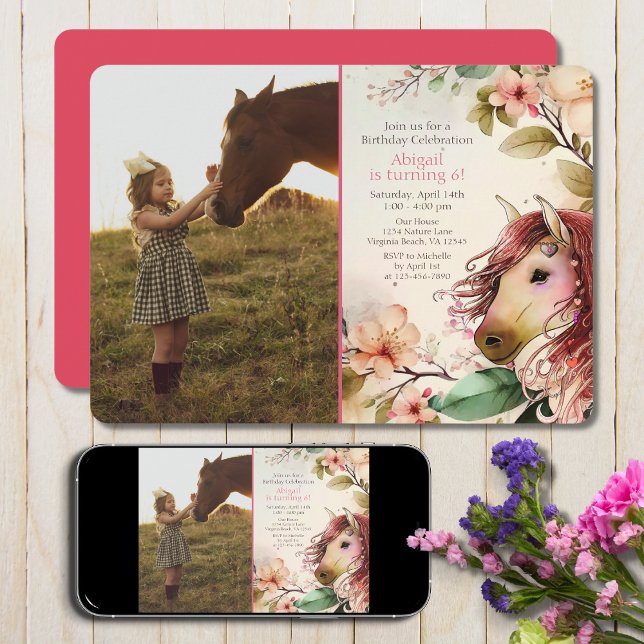 Pretty Horse and Flowers PHOTO Birthday Invitation (Creator Uploaded)