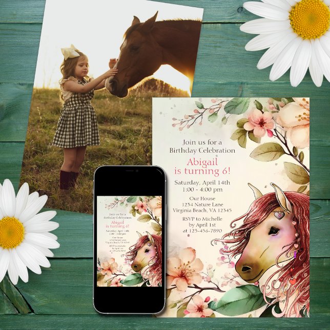 Pretty Horse and Flowers PHOTO Birthday Invitation (Creator Uploaded)