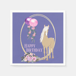 Pretty Horse and Flowers Pink Periwinkle Birthday Napkin