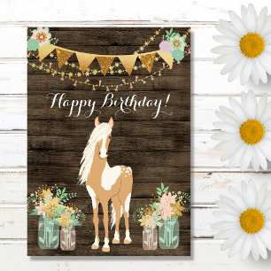 Pretty Horse and Flowers Rustic Wood Birthday Card