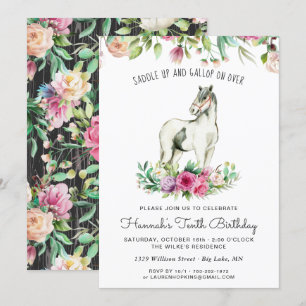 Pretty Horse and Flowers   Rustic Wood Birthday Invitation