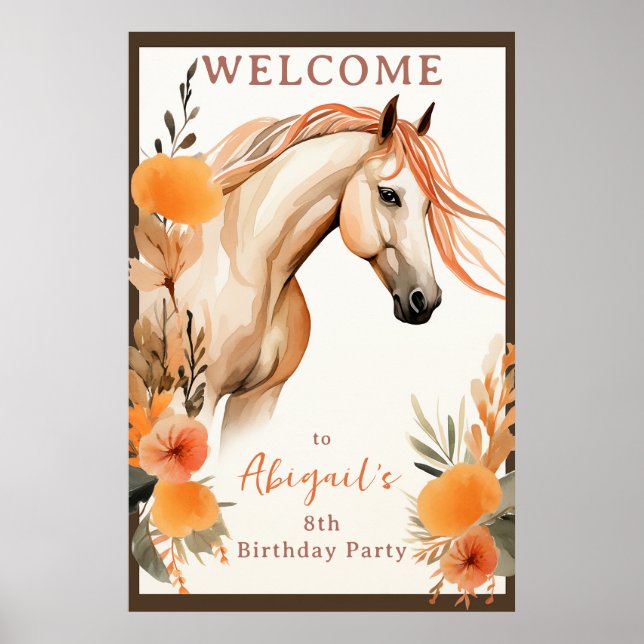 Pretty Horse and Peach Flowers Birthday Welcome Poster (Front)