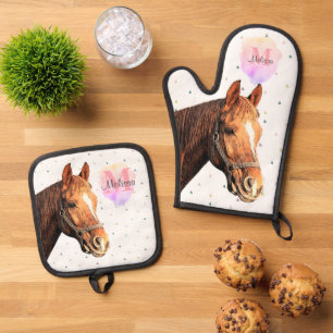 Pretty Horse Animal Equestrian Stables Monogram Oven Mitt & Pot Holder Set