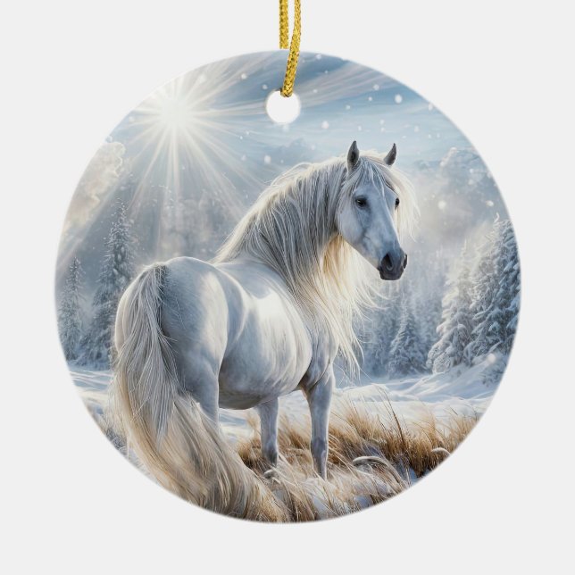 Pretty Horse in the Snow Christmas Holiday Ceramic Ornament (Front)