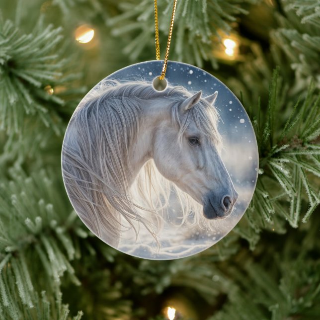 Pretty Horse in the Snow Seasons Greetings Holiday Ceramic Ornament (Tree)