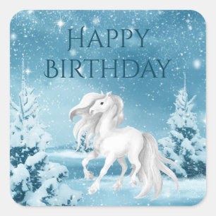 Pretty Horse on Snowy Winter Night Happy Birthday Square Sticker
