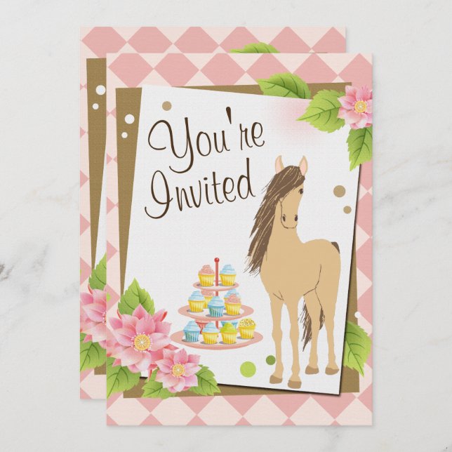 Pretty Horse, Pink Flowers and Cupcakes Birthday Invitation (Front/Back)