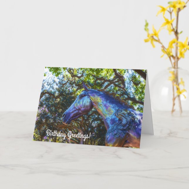 Pretty Horse Statue in a Park Birthday Pun Card (Yellow Flower)