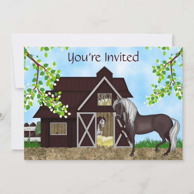 Pretty Horses and Barn Girls Birthday Invitation (Front)