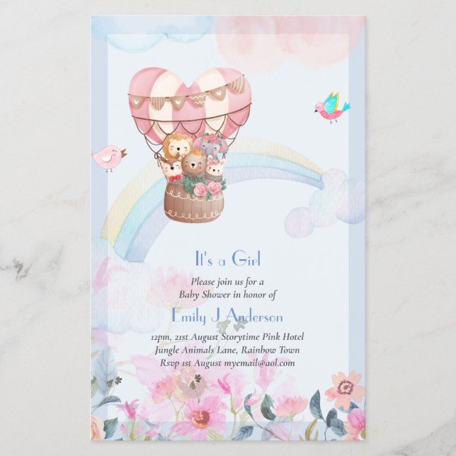 Pretty Hot Air Balloon Animals Baby Girl Shower Flyer (Front)