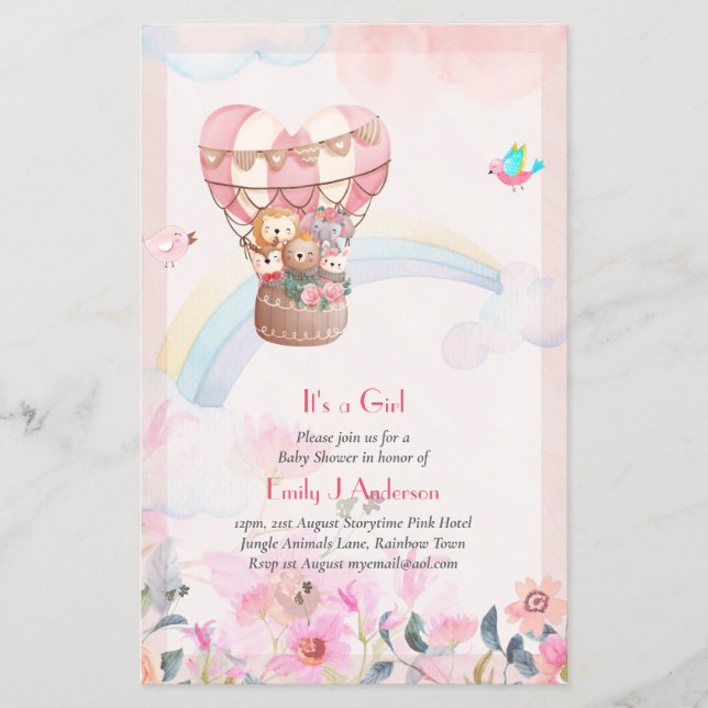 Pretty Hot Air Balloon Animals Baby Girl Shower Flyer (Front)