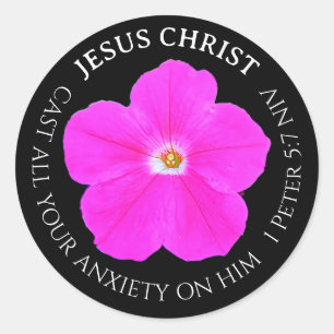 Pretty Hot Pink and Black Flower Bible Verse Jesus Classic Round Sticker