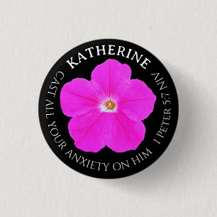 Pretty Hot Pink and Black Flower Bible Verse Name 3 Cm Round Badge