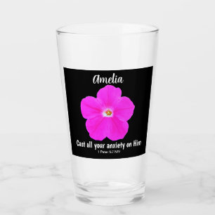 Pretty Hot Pink and Black Flower Bible Verse Name Glass