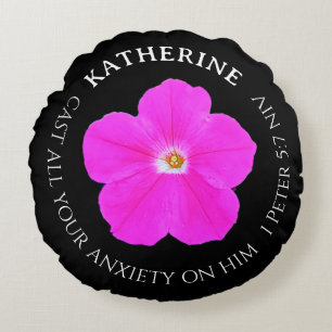 Pretty Hot Pink and Black Flower Bible Verse Name Round Cushion