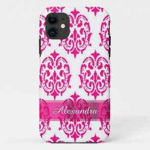Pretty hot pink and white personalised damask iPhone 11 case
