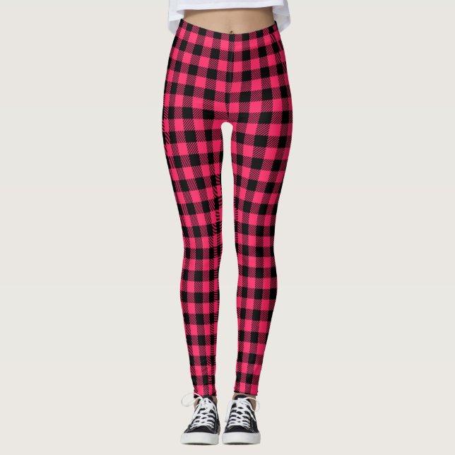 Pretty Hot Pink Buffalo Plaid Pattern Leggings (Front)