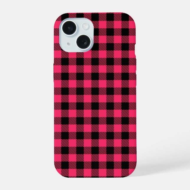 Pretty Hot Pink Buffalo Plaid Patterns iPhone 15 Case (Back)