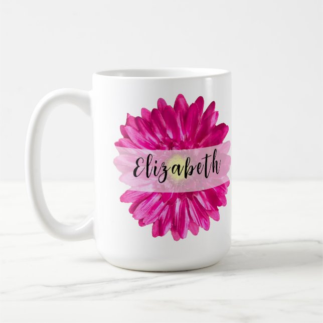 Pretty Hot Pink Daisy Custom Name and Monogram Coffee Mug (Left)