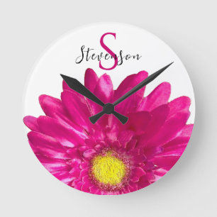 Pretty Hot Pink Daisy Custom Name and Monogram Round Clock