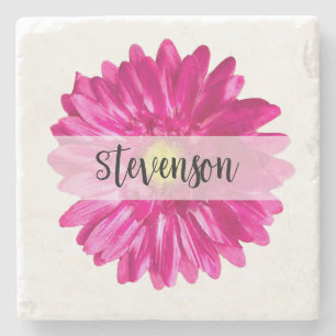 Pretty Hot Pink Daisy Custom Name  Stone Coaster