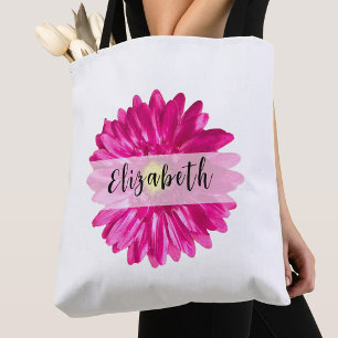 Pretty Hot Pink Daisy Custom Name Tote Bag