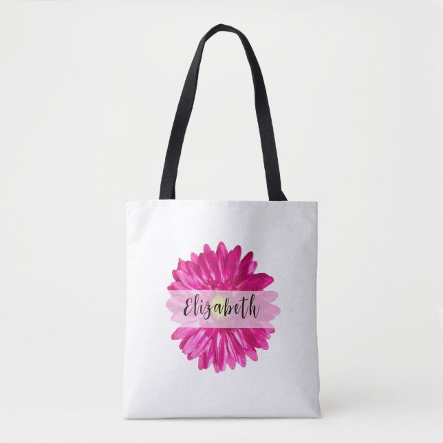 Pretty Hot Pink Daisy Custom Name  Tote Bag (Front)