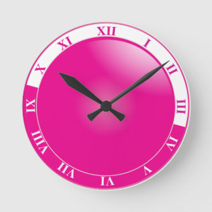 Pretty Hot Pink & White Roman Numeral Round Clock