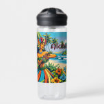 Pretty Hula Dancer on the Hawaiian Islands Aloha Water Bottle<br><div class="desc">Pretty pop art comic book style ai art. Hula dancer on the beach surrounded by pretty Hibiscus tropical flowers and palm tress with an ocean background.</div>