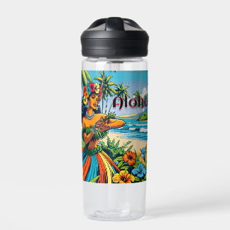 Pretty Hula Dancer on the Hawaiian Islands Aloha Water Bottle