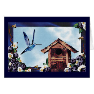 Pretty Hummingbird, Birdhouse, and Blueberries