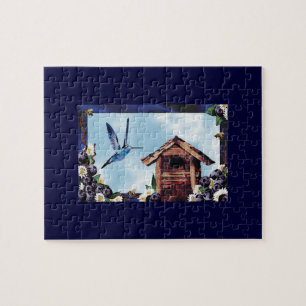 Pretty Hummingbird, Birdhouse, and Blueberries Jigsaw Puzzle