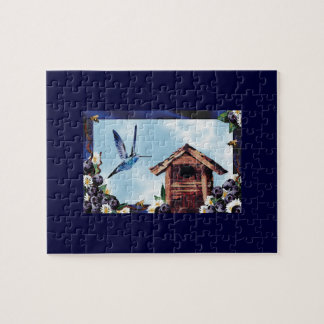 Pretty Hummingbird, Birdhouse, and Blueberries Jigsaw Puzzle