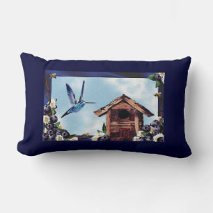 Pretty Hummingbird, Birdhouse, and Blueberries Lumbar Cushion