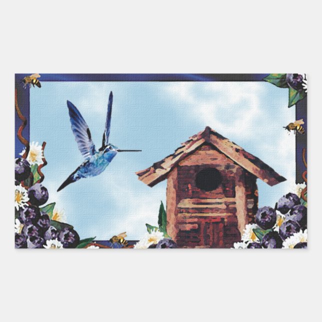Pretty Hummingbird, Birdhouse, and Blueberries Rectangular Sticker (Front)